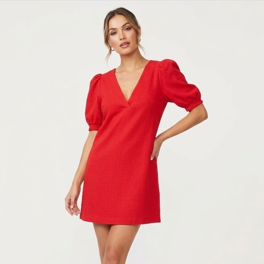 NWT BB Dakota Steve Madden Puff Sleeve Textured Shift Dress Pockets Red Size XS